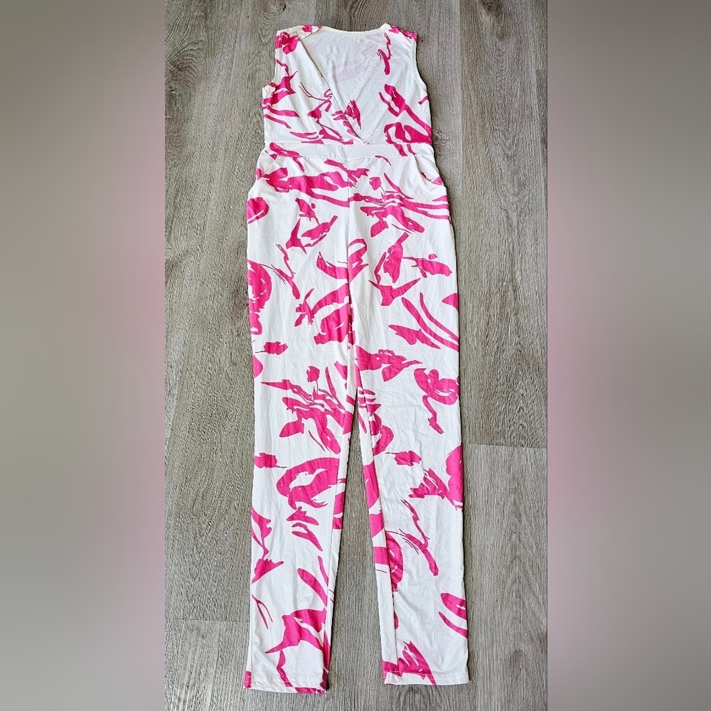 XLarge Sleeveless Jumpsuit – Pink & White Abstract Print